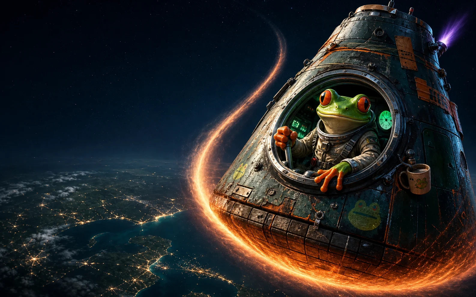 Sapo astronauta da Space Frog X pilotando uma cápsula em uma missão espacial