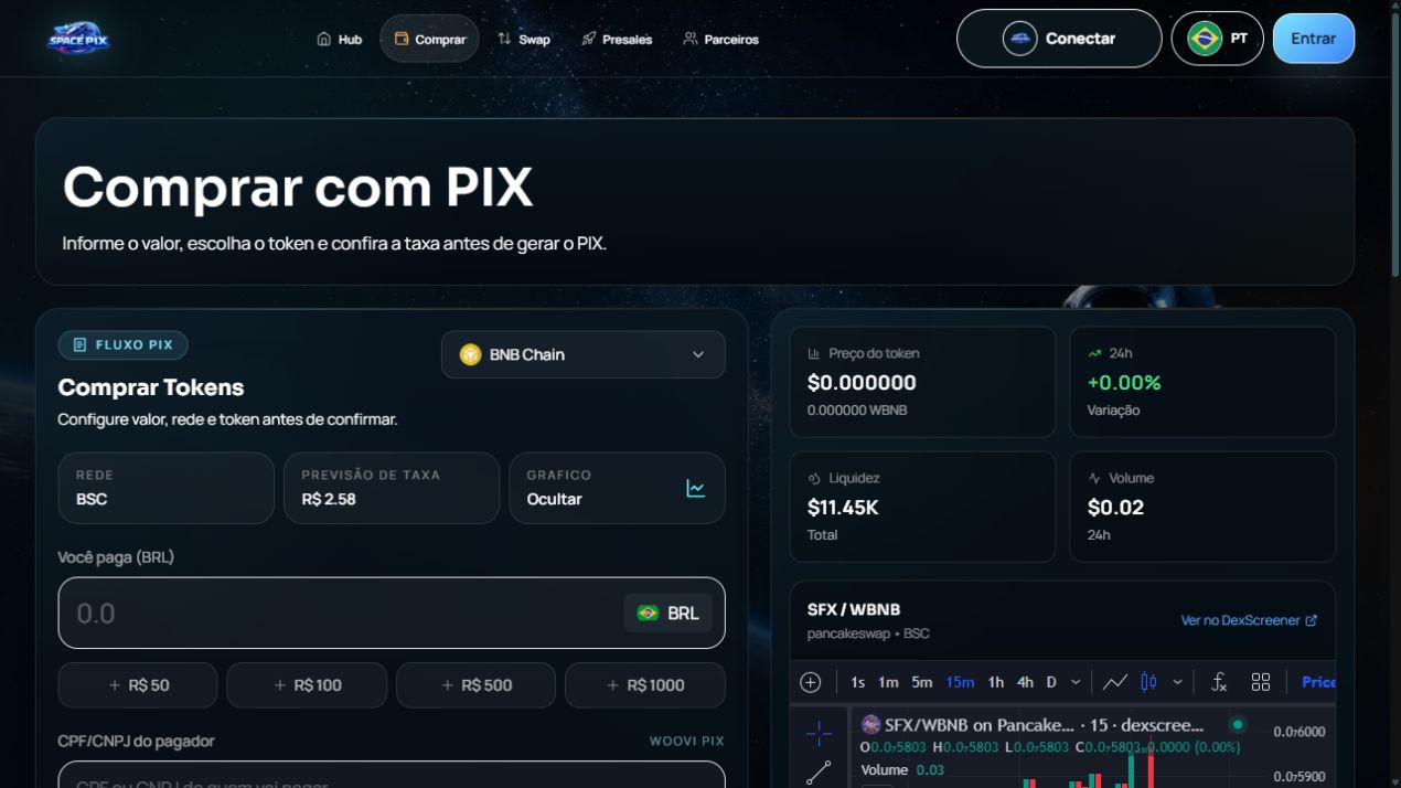 Tela real da SpacePix para comprar SFX com Pix